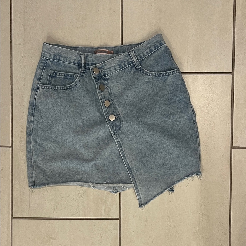 Asymmetrical Denim Skirt with Button Detail